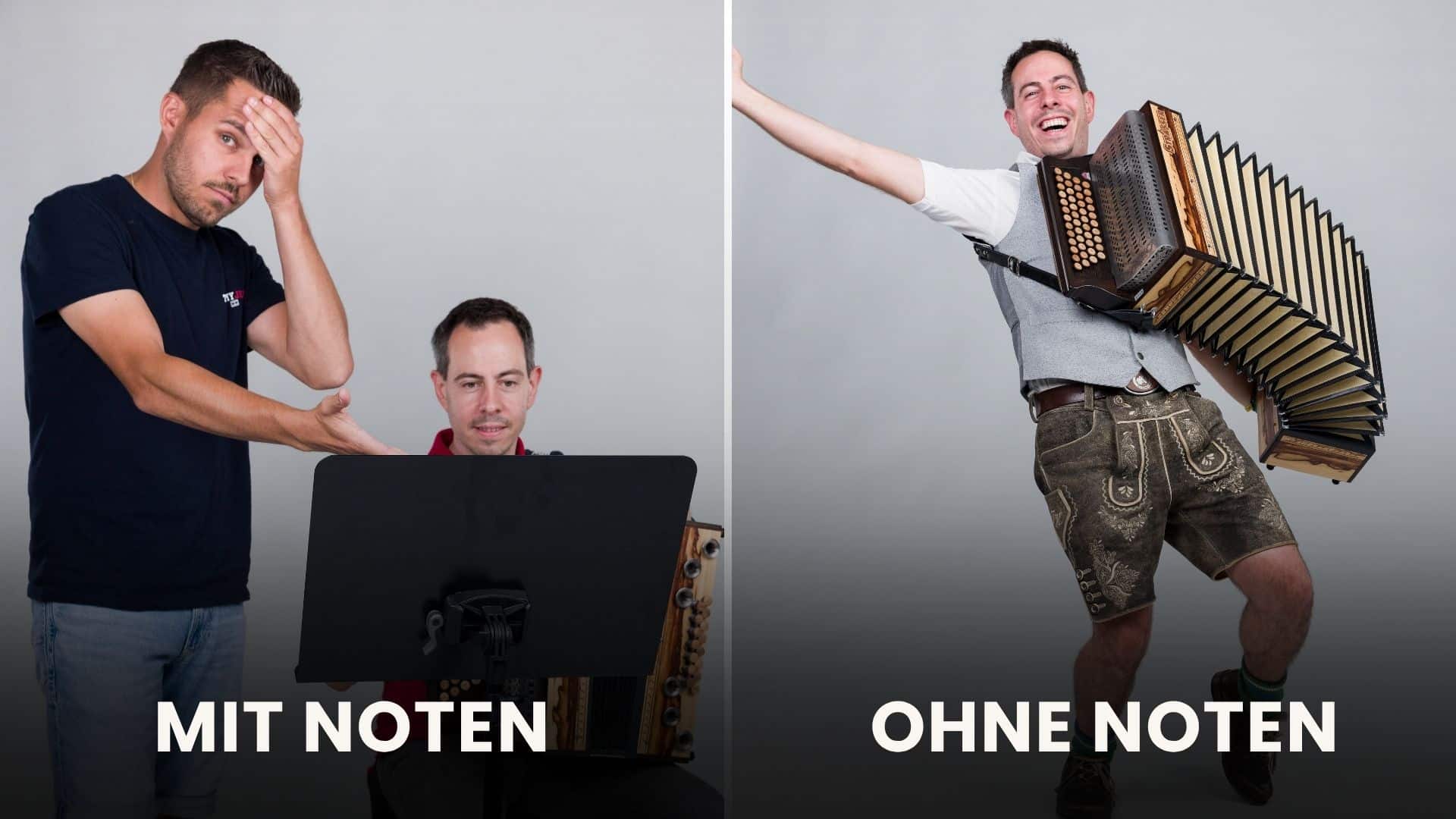 Thomas ist versteckt hinter seinem Notenständer und Richi hält sich die Hand vor die Stirn - Probleme als Notenspieler, die jeder kennt