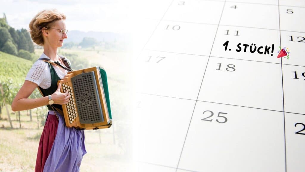 Eine visuelle Antwort auf die Frage "Wie schnell lernt man Harmonika?": Celia spielt Harmonika, während ein Kalender im Vordergrund den Meilenstein "1. Stück!" markiert.