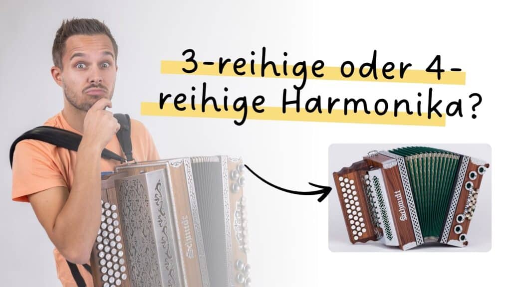 Das Bild zeigt Richi in einer nachdenklichen und leicht überraschten Pose mit der Hand am Kinn. Er trägt ein orangefarbenes T-Shirt und hat sich eine braune Steirische Harmonika umgehängt. In der Mitte steht der mit gelben Balken hinterlegte Text: „3-reihige oder 4-reihige Harmonika?“. Ein Pfeil weist auf ein kleineres Vorschaubild einer weiteren Steirischen Harmonika auf der rechten Seite hin. Diese visuelle Gegenüberstellung dient als Entscheidungshilfe für alle, die eine Steirische Harmonika kaufen möchten und sich zwischen einem 3-reihigen oder 4-reihigen Modell entscheiden müssen.
