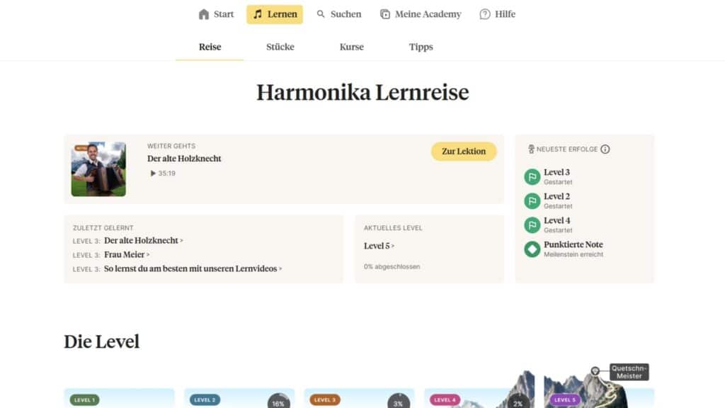 Screenshot des Quetschn Academy Lernbereichs mit der Harmonika Lernreise als digitaler Begleiter für das Steirische Harmonika lernen.